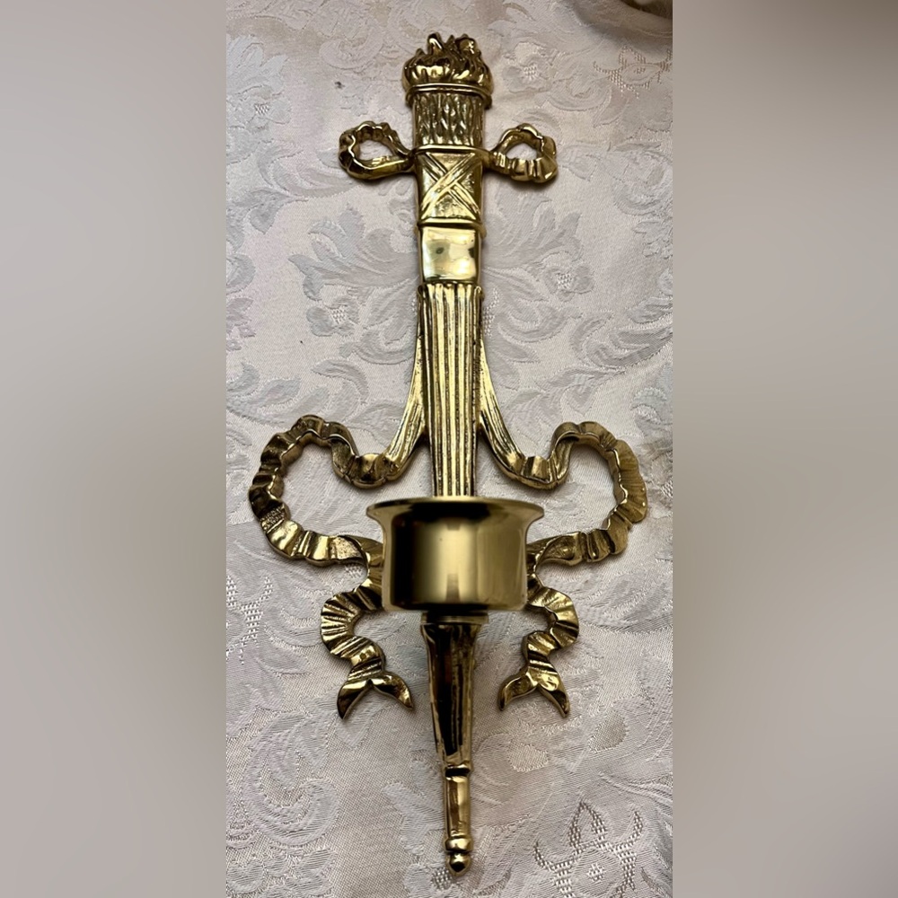 Brass Torch & Ribbon Hollywood Regency Wall Candle Sconce Classic Flame/Bow 14"